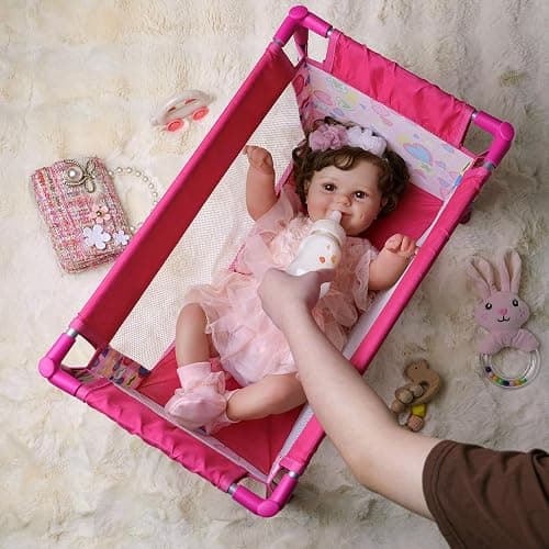 BABESIDE Baby Doll Crib for 18 Inch Dolls, Baby Doll Bed with Cute Pink Heart Storage Bag Accessories, Toy Crib Doll Furniture Gift for Girls Age 3+ thumbnail 6