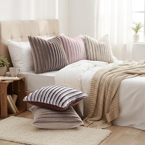 decorUhome Cozy Faux Fur Throw Pillow Covers 12x20 Set of 2 Decorative Soft Plush Striped Lumbar Modern Farmhouse Boho Couch Pillow Cases with Velvet Back for Sofa Bed Living Room, Light Coffee thumbnail 6