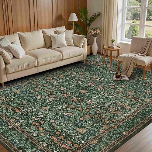 Rugxara 5x7 Area Rugs for Living Room Bedroom, Large Washable Rug, Green Vintage Floral Boho Rug, Non Slip & Low Pile Faux Wool Thin Carpet for Indoor Dining Room and Kids Room(Green 5x7ft) thumbnail 4