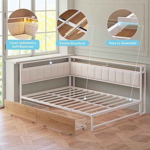 LIKIMIO Full Corner Bed Frame with Storage Drawers, LED, Charging, White | Smart LED & Charging Station, Ample Underbed Storage, Space-Saving Corner Design thumbnail 9