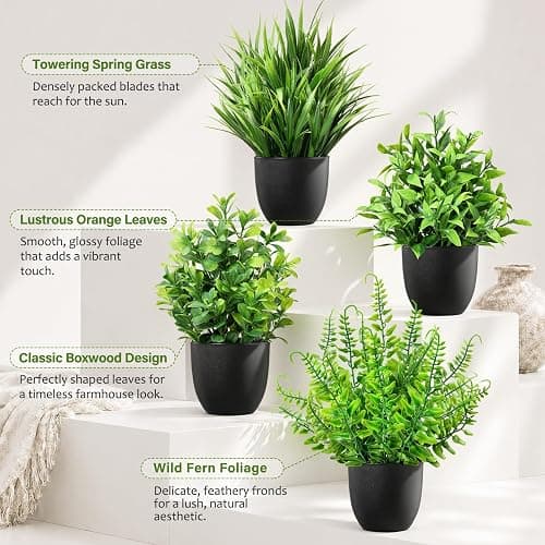ComRola 4 Pack Small Fake Plants in Black Pots Fern Grass Mix | Faux Artificial Indoor Greenery, Realistic Mini Foliage for Bathroom Decor, Office Shelf & Console Table thumbnail 4