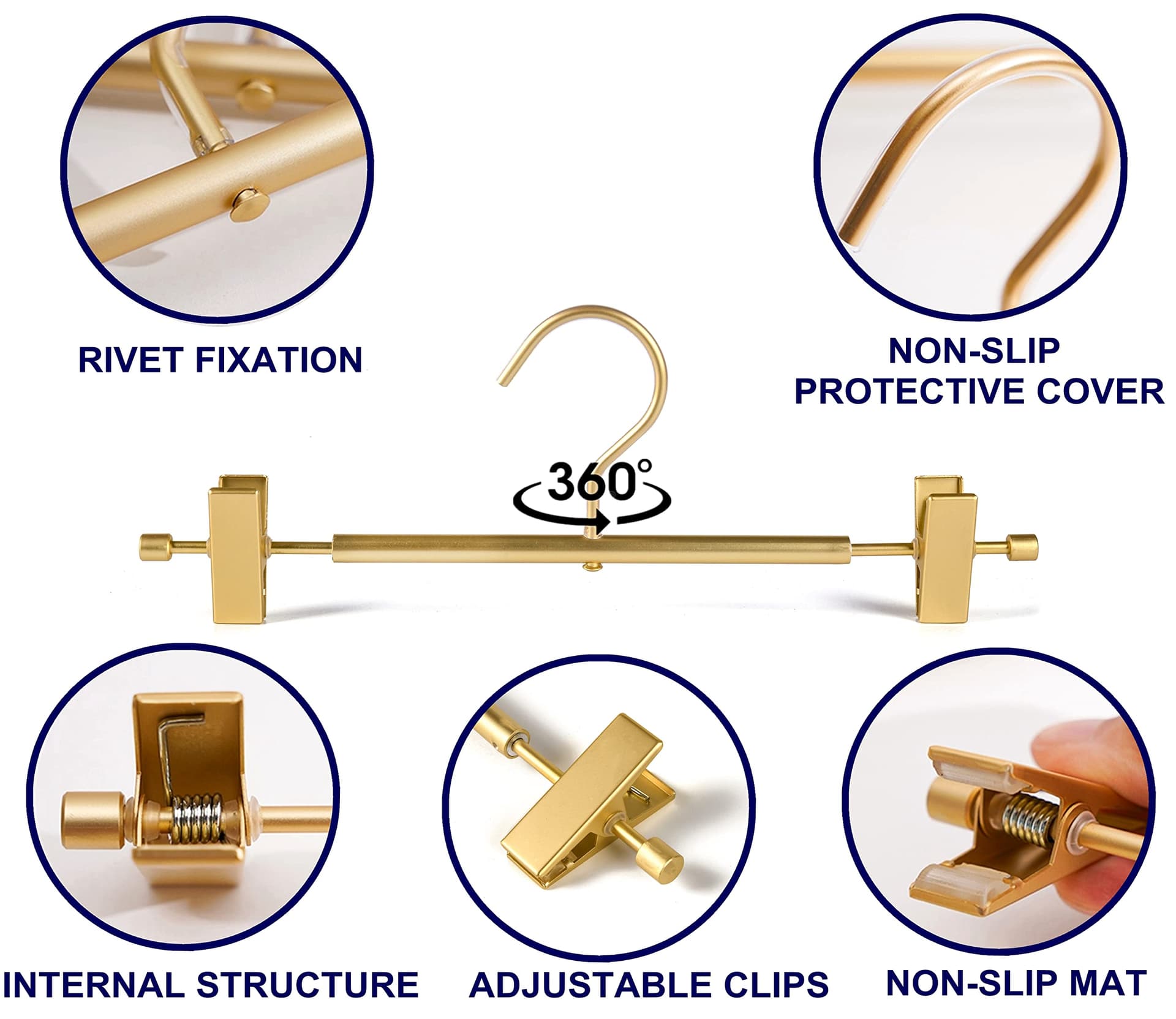 Amber Home Premium Matte Gold Aluminum Pants Hangers 10 Pack, 12.2” Extra Smooth & Durable Metal Skirt Slack Hanger, Light & Sturdy Metal Rack for Trouser with 2-Adjustable Non Slip Clips Swivel Hook thumbnail 3