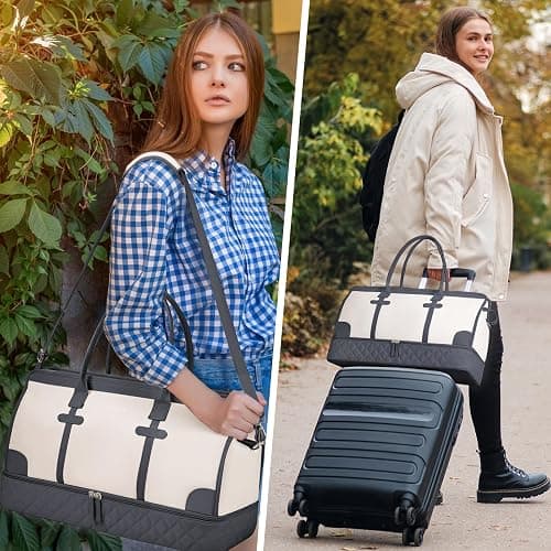 ETRONIK Weekender Overnight Bag for Women, Large Travel Duffle Bag with Shoe Compartment & Wet Pocket, Carry On Tote Bag Gym Duffel Bag with Toiletry Bag, 3 Pcs Set, Large Size, Dark Grey-Beige thumbnail 6