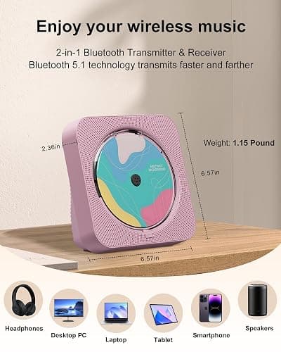 CD Player Portable with Bluetooth 5.1Desktop CD Player with HiFi Sound Speakers,Remote Control,Dust Cover,LED Display,Boombox FM Radio,USB/AUX for Home (Pink) thumbnail 5