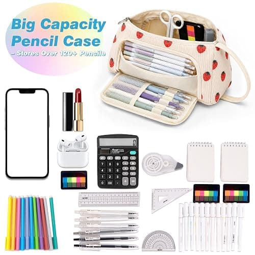 JAESITETER Big Capacity Pencil case,Soft Corduroy Pencil Bag with 3 Compartment Pouch Bag for School Supplies Office for Teen Girls Boys Women Man (Strawberry) thumbnail 3