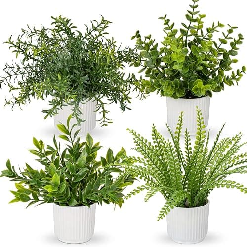 Hollyone 4 Pack Artificial Potted Plants Eucalyptus Rosemary Boston Fern ZZ Plant Fake Plant in Pot Small Faux Plant Greenery Aesthetic Indoor Home Decor Bathroom Bedroom Table Shelf Office - Image 1