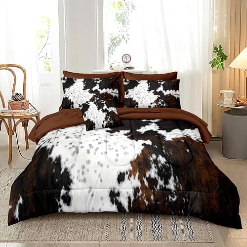 MUGINYU Brown Cowhide Comforter Set Queen, 8 Pieces Bed in a Bag Black White Cow Skin Print Western Farmhouse Animal Fur Bedding Set thumbnail 2