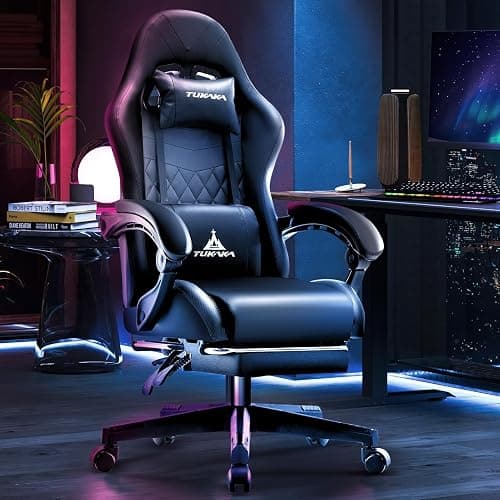 TUKAKA Gaming Chair,Ergonomic Massage Computer Office Desk Chair with Footrest,Pocket Spring Cushion,Reclining Leather Adjustable Gamer Chair with Headrest and Lumbar Support,Black thumbnail 2