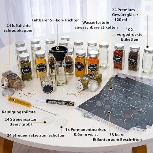 Cuccinara® 24 Gewürzgläser Eckig 120ml mit 210 Etiketten, Aluminiumdeckel & Streueinsätzen (grob & fein) - Luftdichte Gewürzdosen inkl. Trichter, Permanentmarker & Bürste - Spülmaschinenfest thumbnail 3