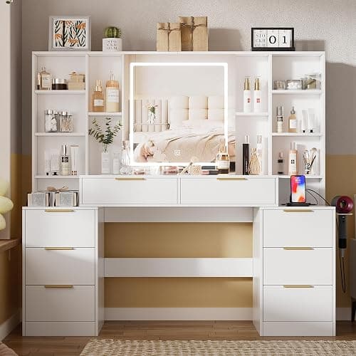FURNJOYLIFE White Makeup Vanity Desk with Lighted Mirror & Power Outlet,3 Color Modes, Brightness Adjustable,Vanity Table with Drawer,Sliding 2 Storage Wall-Mounted Jewelry (Pure White) thumbnail 8