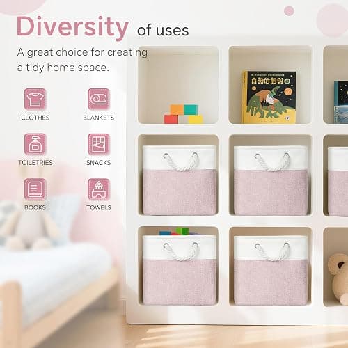 FinishingBo Cube Storage Bins, 6 Pack 11x11 inch with Cotton Handles for Closet, Shelves, Clothes, Towel (White/Pink) thumbnail 5