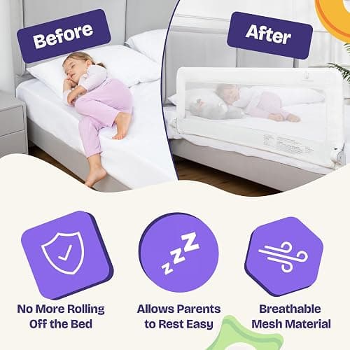 ComfyBumpy 1-Pack Bed Rail for Toddlers 55.5" L x 19.5" H | Toddler Bed Rails for Twin, Full, Queen & King Mattress Size | Swing Down Rail Guard | Mattress Side Rail for Kids | White thumbnail 4