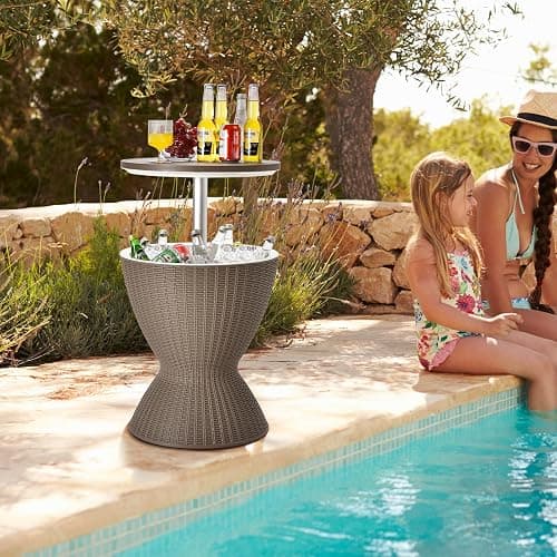 Byroce Outdoor Cooler Side Table, Patio Bar Table w/ 8 Gallon Beer & Wine Cooler, Rattan Style Pool Side & Hot Tub Table, All-Weather Cocktail Table for Parties, Backyard, Deck - Light Coffee thumbnail 8