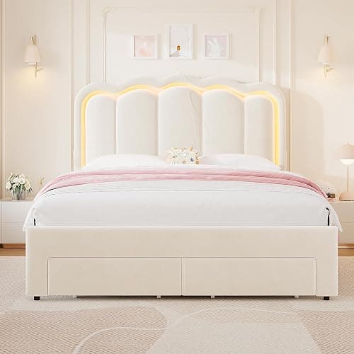 Full Upholstered LED Bed Frame with 2 Storage Drawers and Adjustable Chic Double Wavy Headboard, Velvet Princess Platform Bed with Charing Station, Solid Wood Slats Support,No Box Spring Needed,Beige thumbnail 8
