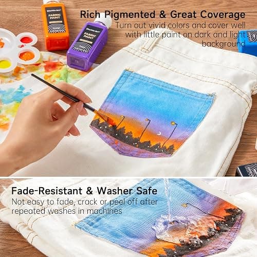 Shuttle Art Textilfarbe waschmaschinenfest, 18 waschfeste Stoffmalfarben (je 60ml) in Flaschen mit Pinseln, Vorlagen, wasserfeste Stofffarben für Kinder auf T-Shirt, Schuhe, Jeans, Tasche, Kleidung thumbnail 5