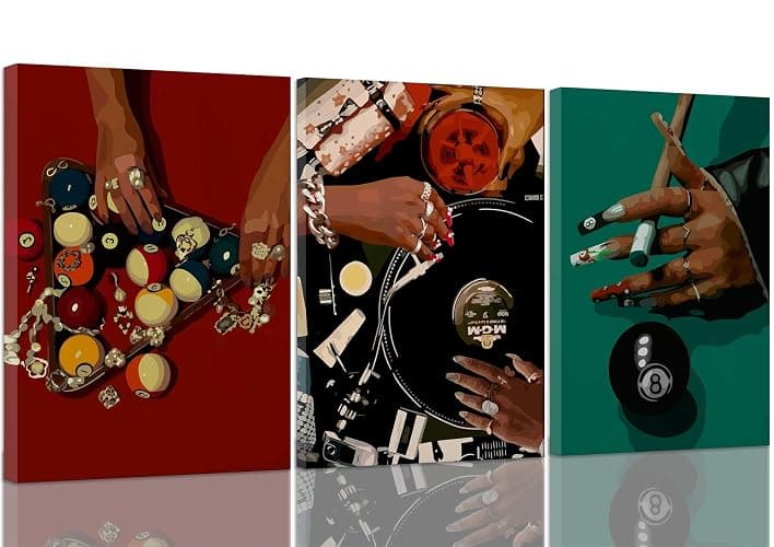 3Pcs Black Woman Wall Art Fashion African American Women Wall Decor Posters Abstract Billiards Lucky Black 8 Canvas Painting Pictures Prints For Bedroom Living Room Framed 12x16 Inch - Image 1