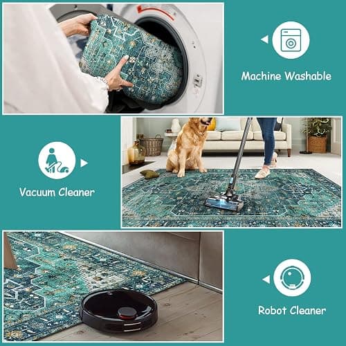 Moynesa Ultra-Thin Washable Area Rug - 2x3 Teal Small Entryway Rug Front Indoor Doormat, Boho Non-Slip Stain Resistance Low Pile Accent Carpet for Kitchen Bathroom Home Laundry Room Hall Decor thumbnail 3
