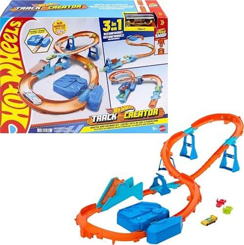 Hot Wheels Toy Car Track Set, Deluxe Building Box with Motorized Booster, 1:64 Scale Vehicle, Speed Snap Track, Boosted Jump Speedway - Image 1