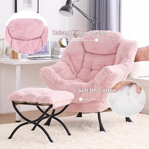 Tiita Lazy Chair with Ottoman, Pink Modern Large Accent Chair, Comfy Leisure Sofa Armchair with Ottoman, Reading Chair with Footrest for Bedroom, Living Room, Dorm Rooms, Plush Pink thumbnail 4
