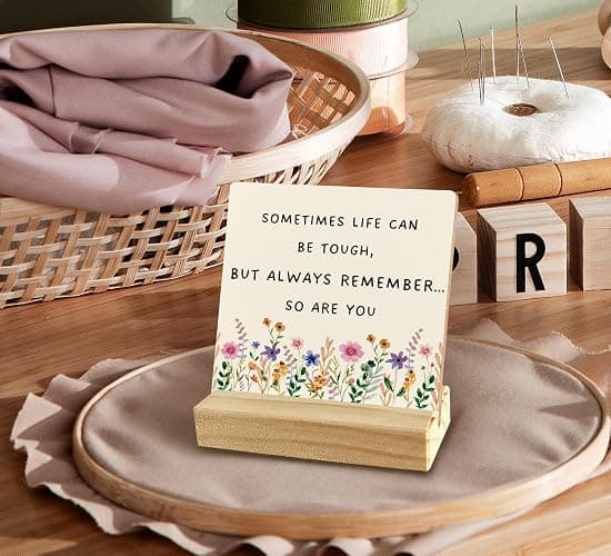 QASHWEY Motivational Desk Decor, Inspirational Desk Decor Floral Wood Table Signs, Inspirational Gifts for Women Friends, Sometimes Life Can be Tough Wooden Plaque with Wooden Stand for Home Office thumbnail 4