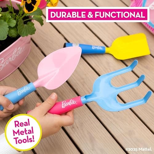 Barbie Garden Set – Real Gardening Tools for Kids with Watering Can, Metal Tools, Flower Pot and Storage Bag – Pink Tool Playset for Outdoors, 6 Pieces thumbnail 4