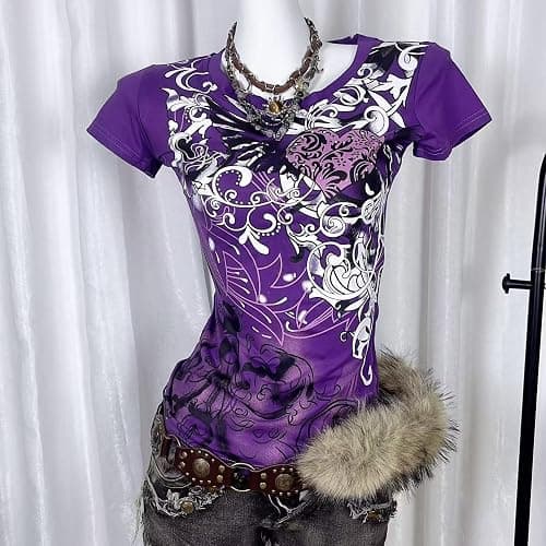 Emo Grunge Shirts Y2k Goth Short Sleeve Tops 2000s Harajuku Fashion Mcbling Vintage Graphic Streetwear Women Tops thumbnail 7