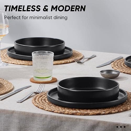 E-far Black Dinnerware Sets with Pasta Bowls, 24-Piece Stoneware Plates and Bowls Sets for 6 | Microwave & Dishwasher Safe Kitchen Modern Dish Set, Matte Black thumbnail 4