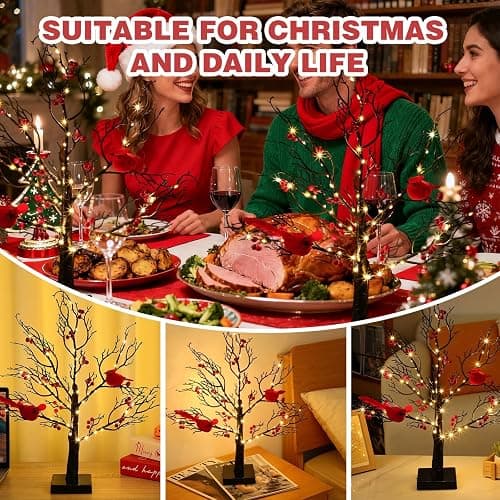 Vintage Glowing Tree with Cardinals and Berries, LED Cardinal Tree Lamp, Indoor Christmas Decorations with Lighted Branches, Vintage Christmas Decor for Home thumbnail 3
