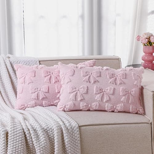 Mixweer Bow Pillow Covers Set of 2 Coquette Room Decor Cute Faux Fur Soft Bowknot Preppy Stuff Fluffy Plush Aesthetic Pillow Covers for Bed Sofa Couch, Fall Christmas Decor(12 x 20 Inch,Pink) thumbnail 7