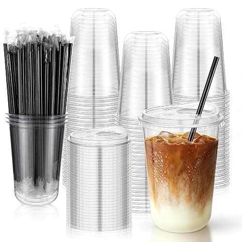 tchrules 100 Set 16oz Clear Round Bottom Plastic Cup with Sip Lid & Straw | Disposable, To Go, Leak-proof, for Iced Coffee/Cold Drinks/Slushie/ Smoothie/Matcha, Party Supplies, for Soda bar/Cafe Shop - Image 1
