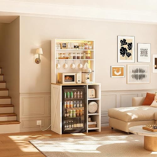 IRONCK Bakers Rack with Mini Fridge Space, 69.3" Microwave Stand, White | 7-Tier Coffee Bar Station, Power Outlets, LED Lights, Space-Saving Utility Organizer for Small Apartment, Dorm, Living Room thumbnail 8