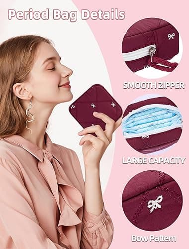 SERTRI Quilted Bow Period Bag, Period Pouches for Teen Girls Women(Red) | Tampon Holder for Purse Sanitary Bags, Feminine Product Sanitary Napkin Storage Bag, Pad Bag Pouch Period Gifts for Girls thumbnail 3