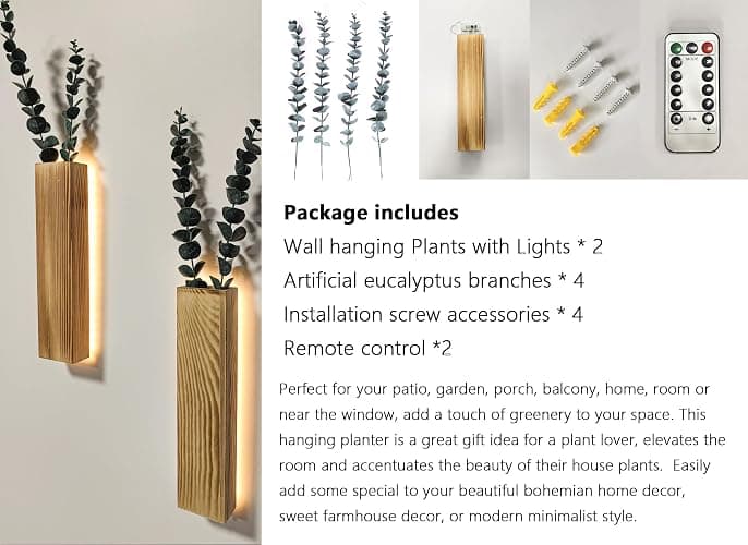Artificial Eucalyptus with LED Lights Wall Planters Rustic Wall Decor with Lights Wall Sconces Fake Vines for Room Decor Home Bedroom Living Room Bathroom Hanging Vase (Natural) thumbnail 4