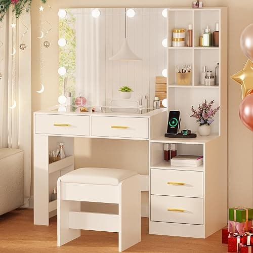 BEWISHOME White Vanity Desk with Mirror and Lights,Makeup Vanity Set with Glass Top,Large Dressing Table with Charging Station,4 Drawers,Nightstand,Stool,Makeup Desk for Girls Women Bedroom FST28W thumbnail 9