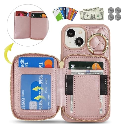 Hamany for iPhone 14 Case Wallet with Card Holder-Rose Gold | Phone case wallet with zipper with Slot Kickstand Stand Case for Women and Man 5G 6.1 Inch thumbnail 4