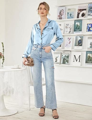 Ekouaer Women's Classic Button Down Long Satin Silk Pajama Set - Clear Blue - Small thumbnail 5