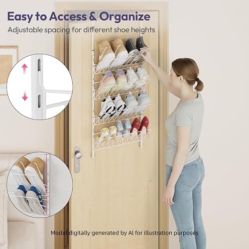 SWTYMIKI Over the Door Shoe Organizer - Adjustable 4 Tier Hanging Shoe Rack Organizer, Metal Heavy Duty Behind Door Storage or Wall Mount Shoes Shelf for Flats, Heels, Sneakers, Boots thumbnail 5