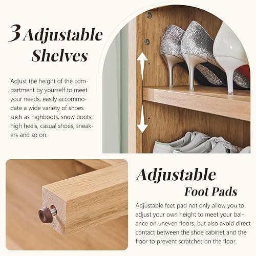 IFGET 71" Tall Arched Shoe Storage Cabinet, 7 Tiers 28 Pairs Wooden Shoe Rack with 3 Adjustable Shelves, Freestanding Shoe Closet Shelf Organizer for Entryway, Hallway, Living Room (Natural) thumbnail 4