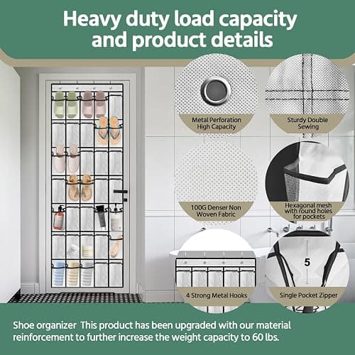 35 Pocket Over the Door Shoe Organizer,Reusable Breathable Large Mesh Bag Men's & Women's Sneaker Organizer,Shoe Organizer for Kids,Hanging Shoe Storage Hanging Bag (White) thumbnail 3