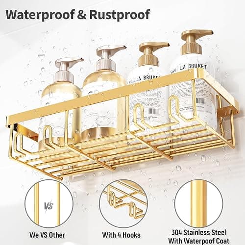 Liuoud 5 Pack Shower Caddy Organizer Rack Shelf for Inside Shower, Self Adhesive Wall Storage Basket Rustproof Stainless Steel Shampoo Holder Bathroom Accessory Decor Set, Gold thumbnail 4