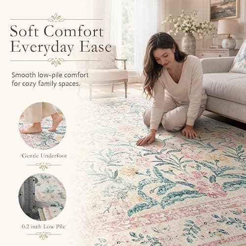 Wonnitar Pink Rugs for Nursery, 5x7 Washable Rug for Bedroom Girls, Boho Soft Floral Carpet Non Slip, Indoor Ultra-Thin Floor Carpet for Baby Kids Room Living Room Dorm Decor thumbnail 6