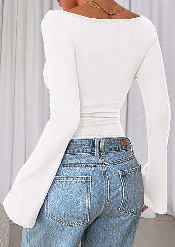 PRETTYGARDEN Womens Long Sleeve Shirts 2026 Spring Crop Going Out Tops Casual Boat Neck Bell Sleeve Ribbed Ruched Y2K Clothes thumbnail 7