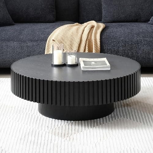 JUSTONE 31.5" Modern Farmhouse Black Round Coffee Table - Wood Drum Accent Table for Living Room,Handcrafted Relief Carving,ø31.5" x 13.8"H (Black) thumbnail 6