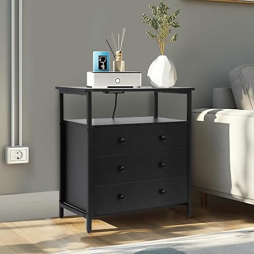 Edbuosy 3 Wooden Drawers Night Stand, 27 Inch Wide Nightstand with Charging Station and Adjustable Drawers, Small Dresser for Closet, Bedside Table for Living Room/Bedroom/Office thumbnail 8