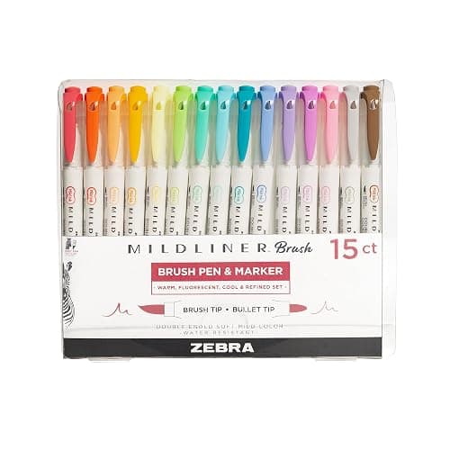 Zebra Pen Mildliner Double-Ended Brush Marker, Paint Brush-Like Tip and Fine Tip Marker Pen, Ideal for Creating Thick or Thin Strokes, No Bleed, Assorted Soft Colors, 15-Pack (79115) - Image 1