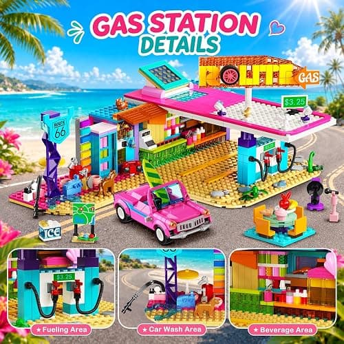 HOGOKIDS 3-in-1 Friends Motel Building Set with LED & Car for Girls Age 8+ | Foldable design with guest rooms, balcony, pool area, gas station and campsite for imaginative road-trip and vacation play thumbnail 5
