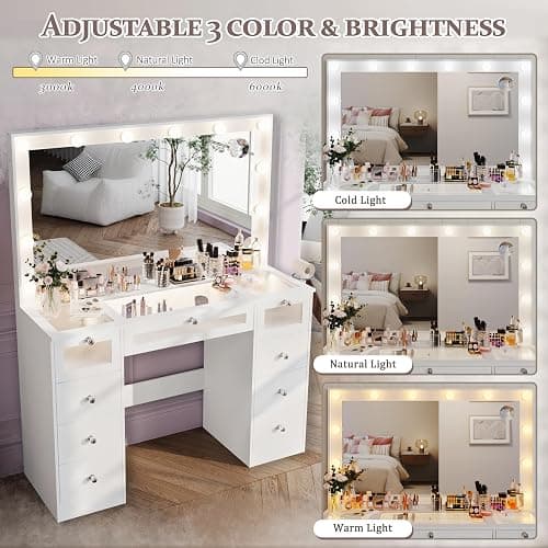 IFSEB Makeup Vanity Desk with Lights and Large 36.9’’ Mirror, 9 Drawers Light Up Vanity with 3 Color Hollywood Bulbs, Glass Top Make Up Table with Charging Station & Crystal Knobs for Woman, White thumbnail 4