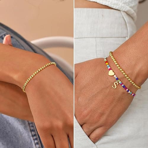 Ritach Colorful Initial Bracelets for Girls Women - 2PCS Real Gold Plated Stretchable Beaded Bracelets Boho Stackable Cute Heart Initial Bracelets for Girls Kids Teen Girl Gifts Birthday Gifts thumbnail 4