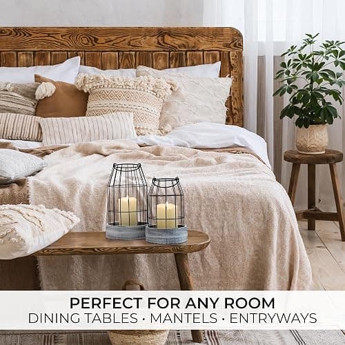 Rustic Farmhouse Lantern Decor Set of 2 - Stylish Decorative Lanterns for Your Living Room, Fireplace Mantle or Kitchen Dining Table - Modern Indoor/Outdoor Coffee Table Decor for Your Entire Home thumbnail 5