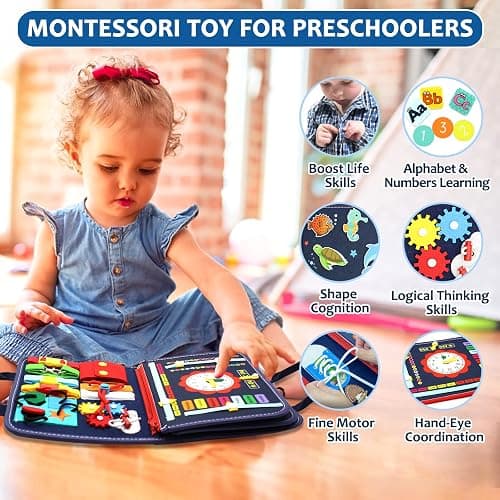 Qizfun Montessori Busy Board & Busy Book for Toddlers – Sensory & Learning Toy That Keeps Kids Busy, Travel Toy for Airplane & Car, Screen for Boys & Girls (Blue/P4) thumbnail 2